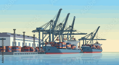 A busy container port with large cranes loading and unloading cargo ships docked at the pier.
