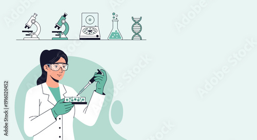 A scientist in a lab coat and goggles performs an experiment with a pipette in a petri dish, surrounded by scientific equipment.