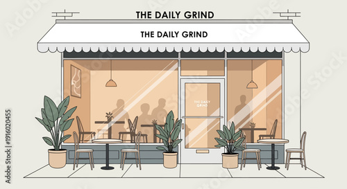 A charming illustration of "The Daily Grind" coffee shop, showcasing its inviting interior with patrons and plants through large glass windows.