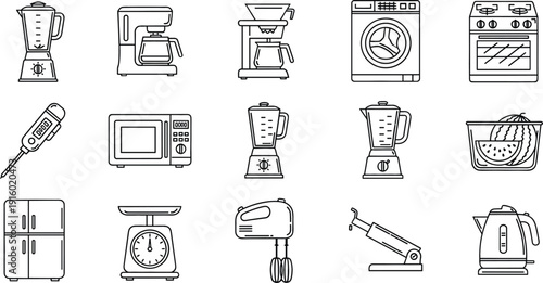 Home kitchen appliances line icon set with blender microwave refrigerator oven mixer and coffee maker vector illustration