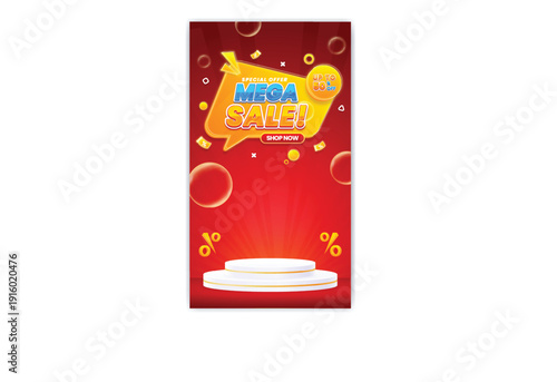 A vibrant advertisement for a mega sale featuring a camera on a red background