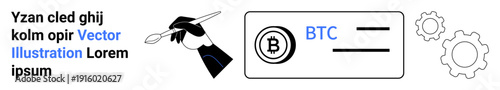 Cryptocurrency transaction, fintech design, blockchain innovation, creative process, digital currency, modern economy. Hand holding a paintbrush, Bitcoin symbol gear icons. Cryptocurrency