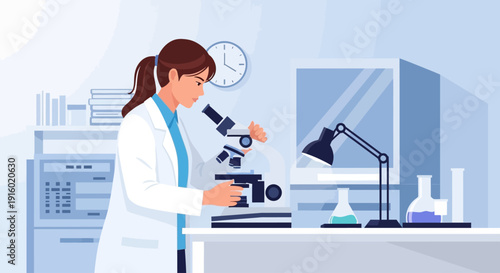 A female scientist in a white lab coat meticulously examines a sample under a microscope in a modern laboratory setting, surrounded by scientific equipment.