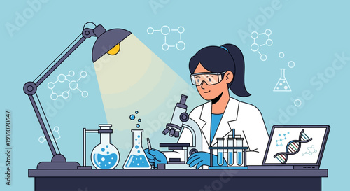 A female scientist in a lab coat and safety goggles conducting research with a microscope and beakers in a laboratory setting.