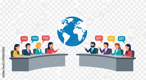 People at tables discuss under a globe with speech bubbles.