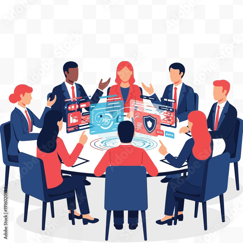 Diverse group discusses ideas around a table with digital icons.