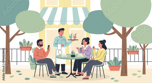 A waiter serves drinks to customers sitting at a table outside a cafe with trees and plants.