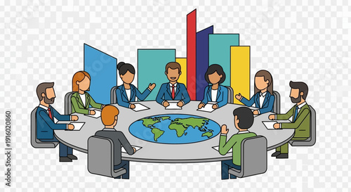 Diverse people sit around a table with world map and charts.