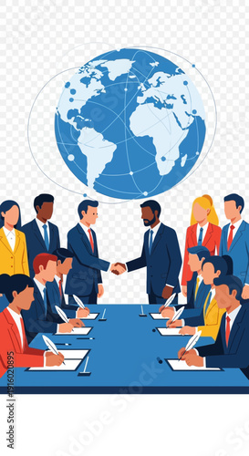 Diverse people shake hands at a meeting under a globe.