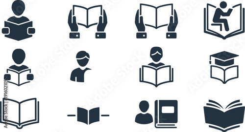 Diverse Icons Representing Reading and Learning Activities vector illustration