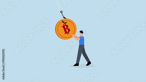 Crypto scams, 4k animation of Selfish entrepreneur rushing to seize fraudulent cryptocurrency coin scheme