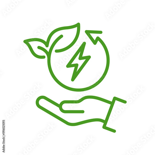 Save energy symbol. Energy icon with green leaf. Eco friendly, environmentally. Eco icon. Save energy with hand logo, label, banner, sign, badge, sticker, line, flat vector, isolated illustration.