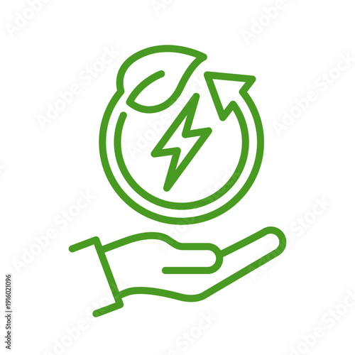 Save energy symbol. Energy icon with green leaf. Eco friendly, environmentally. Eco icon. Save energy with hand logo, label, banner, sign, badge, sticker, line, flat vector, isolated illustration.