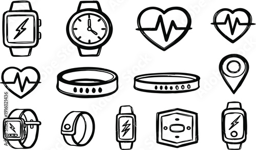 Wearable Technology and Fitness Tracker Smartwatch Icons Set