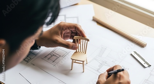 Designer Working on Wooden Chair Prototype with Sketches Product Design Concept
