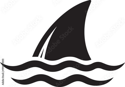 Vector silhouette of a sharp shark fin cutting through ocean waves, depicted in a clean minimalist black and white style, symbolizing danger, marine wildlife, and sea predators.