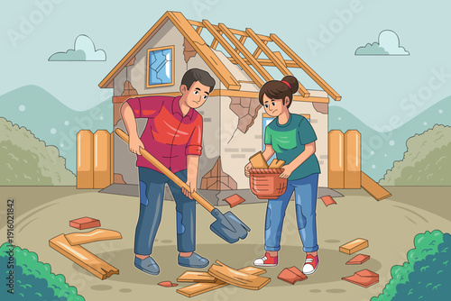 Couple Cleaning After Earthquake Disaster