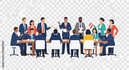 Diverse group of people in a business meeting around a table.