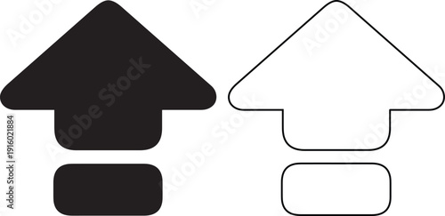 Vector icon set of a bold upward arrow with a horizontal base bar, depicted in solid silhouette and line art styles, symbolizing file uploads, system updates, and progress.