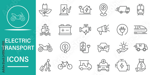Electric transport web icons in line style. Electric car, battery, hybrid, charging station, range, plug, and more. Vector illustration.