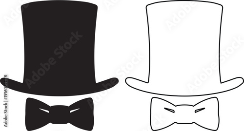 Vector icon set of a classic black top hat and a formal bow tie, depicted in solid silhouette and line art styles, symbolizing elegance, magic, vintage fashion, and formal attire.