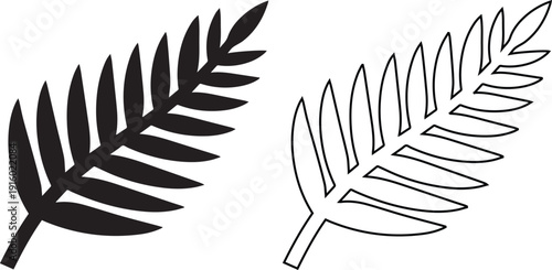 Vector icon set of a tropical fern leaf frond, depicted in solid silhouette and line art outline styles, symbolizing nature, botany, New Zealand culture, and organic forest foliage.