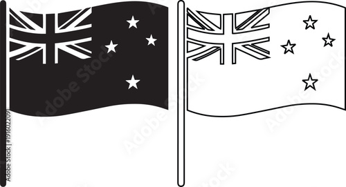 Vector icon set of a waving Australian flag on a pole, depicted in solid silhouette and line art styles, symbolizing national patriotism, Commonwealth unity, and the country of Oceania.