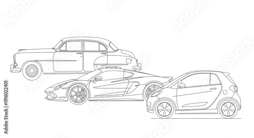 Three cars from different eras drawn in sketch style.