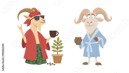 Funny Goat Characters in Bathrobes Holding Coffee Mugs