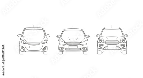 Three Cars Front View Sketch Illustration.