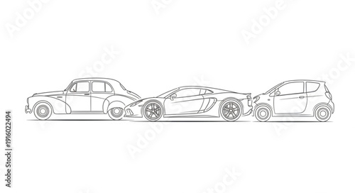 Three cars in a line illustration vintage modern future.