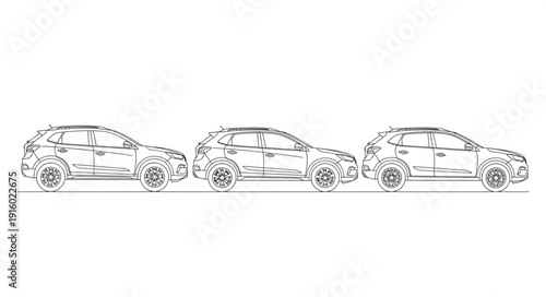 Three cars lined up side by side in a sketch.