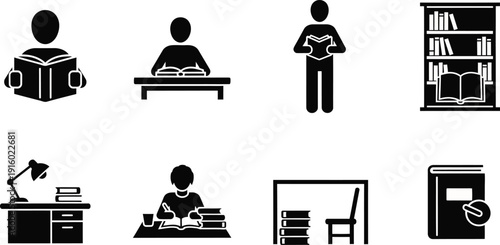 Icons of People Reading, Studying, and a Library Scene vector illustration
