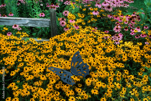 63822-00202 Butterfly Yard Ornament Purple Coneflowers (Echinacea purpurea) & Black-eyed Susans (Rudbeckia hirta 