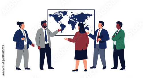 Diverse business people discuss world map in meeting.