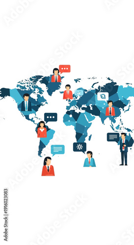 World map with connected people and data points.