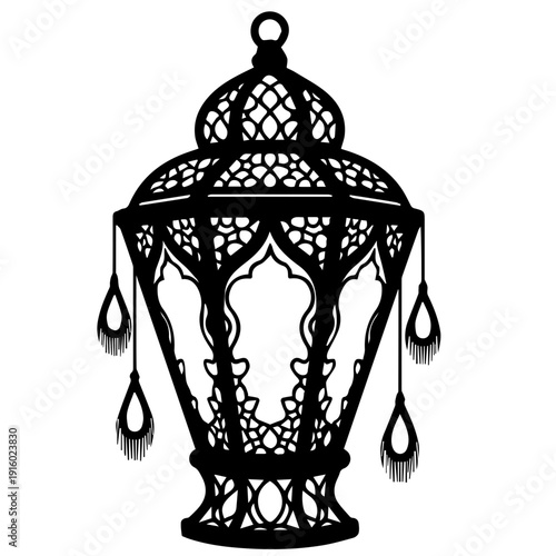 Intricate Arabic Lantern Silhouette with Hanging Ornaments for Ramadan and Eid Decoration