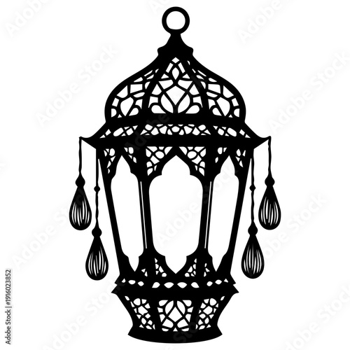 Traditional Arabic Fanous Lantern Silhouette with Ornate Filigree Patterns and Decorative Hanging Crystals for Ramadan and Eid Celebrations