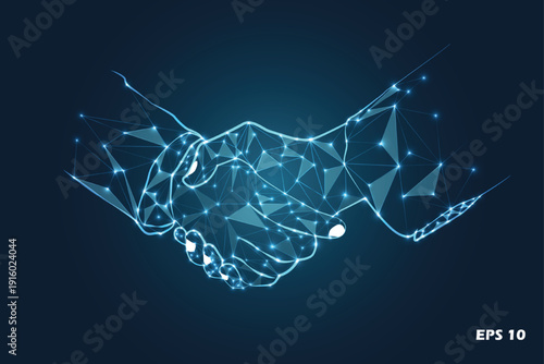Digital Wireframe Handshake Vector Illustration. Futuristic Low-Poly Partnership Concept with Glowing Cyan Connection Nodes and Geometric Lines on Dark Blue