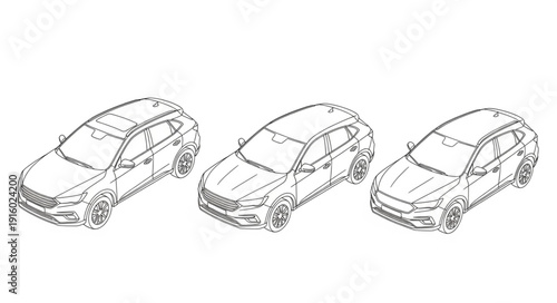 Three detailed automotive sketches of modern SUVs.