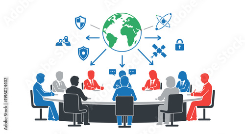 People around a table discussing global issues and security.