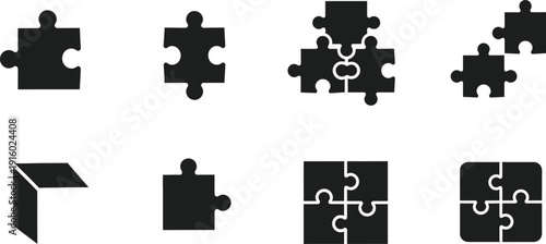 Set of black puzzle piece icons in various arrangements and states Keywords: puzzle piece jigsaw puzzle single puzzle piece connected puzzle pieces