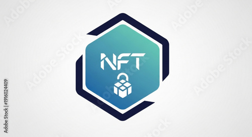 Blue hexagonal nft badge with locked digital artwork and secure iconic symbol on gradient background