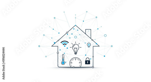 Smart home technology concept with house icon and connected devices for automation and security