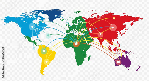 Colorful world map with connections between continents.