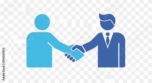 Two stylized figures shaking hands in a business context.