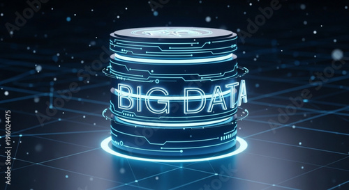 Glowing blue big data cylinder with neon lines and circuits on a dark futuristic background with grid and dots