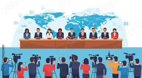 Diverse panel at a table with reporters and cameras before world map.