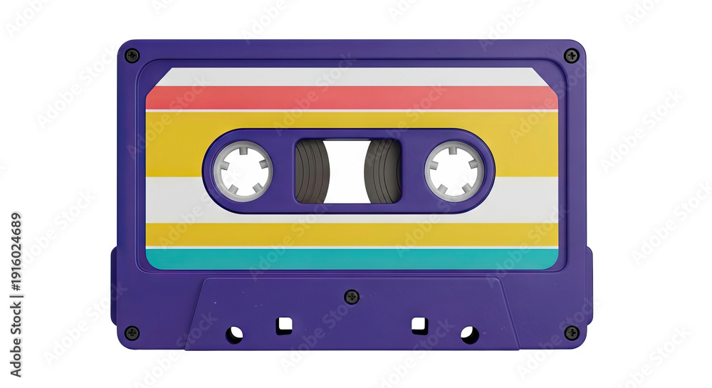 Naklejka premium Purple audio cassette tape with colorful stripes