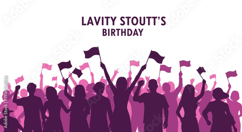 Illustration of a crowd celebrating Lavity Stoutt's Birthday with waving flags in shades of purple, symbolizing Caribbean culture and community on a white background.